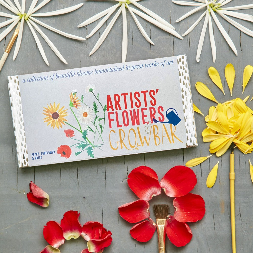 Artists' Flowers Growbar seed kit box featuring poppy, sunflower, and daisy illustrations.
