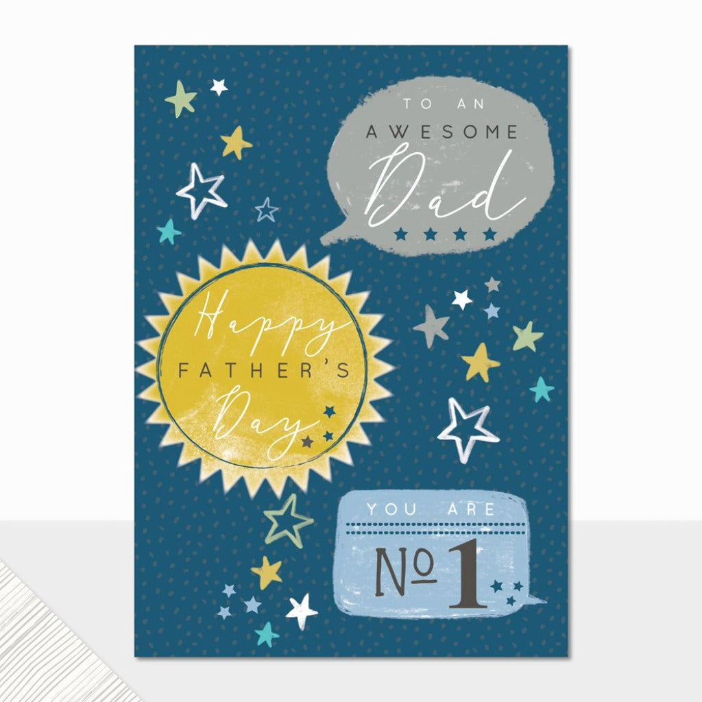 Father's Day card featuring a sun, stars, and text that reads "Happy Father's Day," "To an Awesome Dad," and "You Are No. 1."