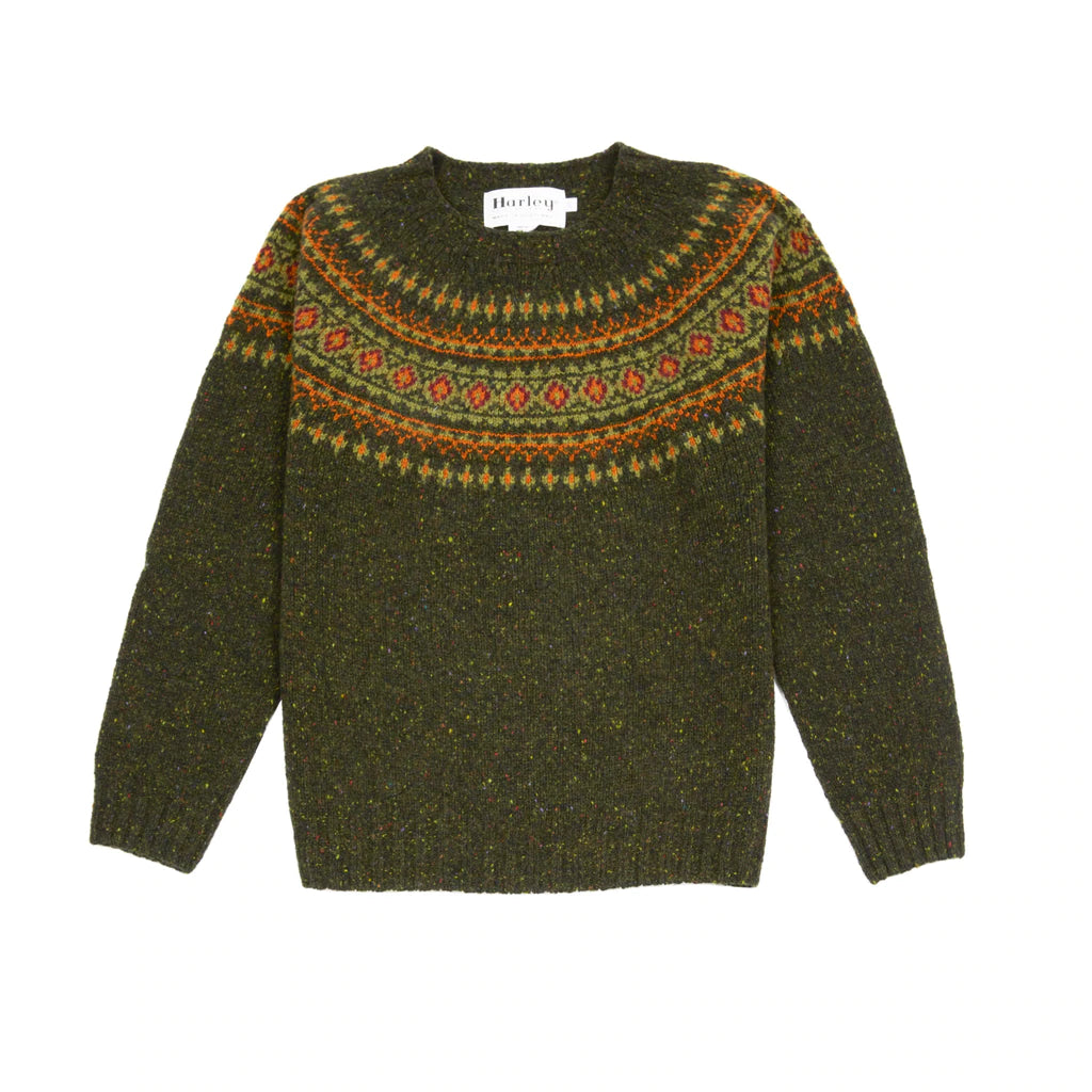 Dark olive green crewneck sweater with a multicolored Fair Isle yoke pattern in orange, green, and red.