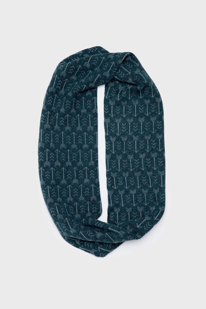 Dark teal knitted infinity scarf with a repeating arrow pattern.