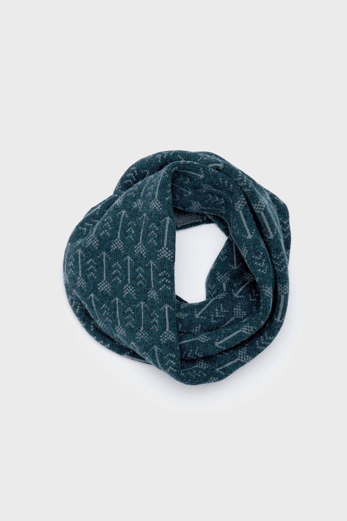 Teal knitted infinity scarf with a subtle lighter gray arrow pattern.