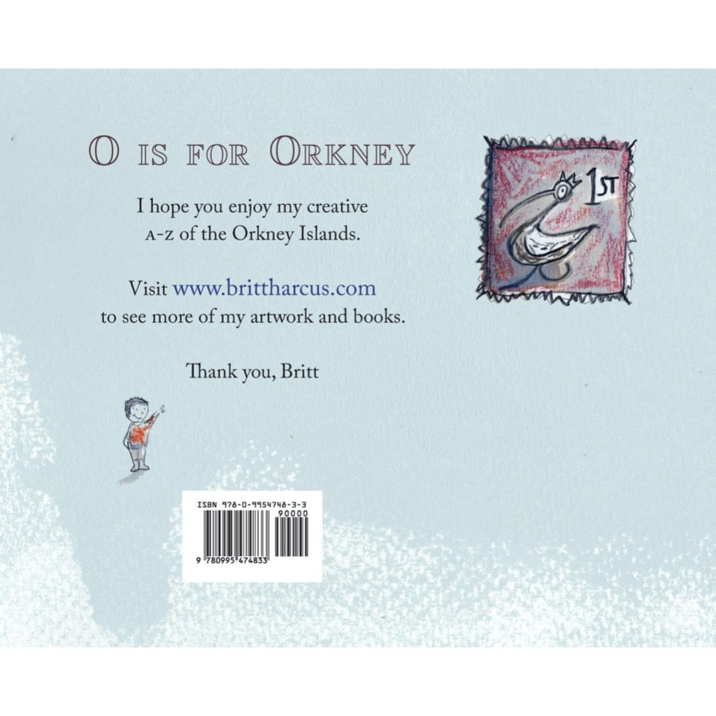 Book cover back; "O is for Orkney,"  author's website, ISBN, and illustration of a postage stamp featuring a bird.