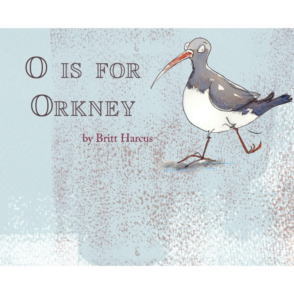 "O is for Orkney" children's book cover featuring an illustration of a long-billed bird.