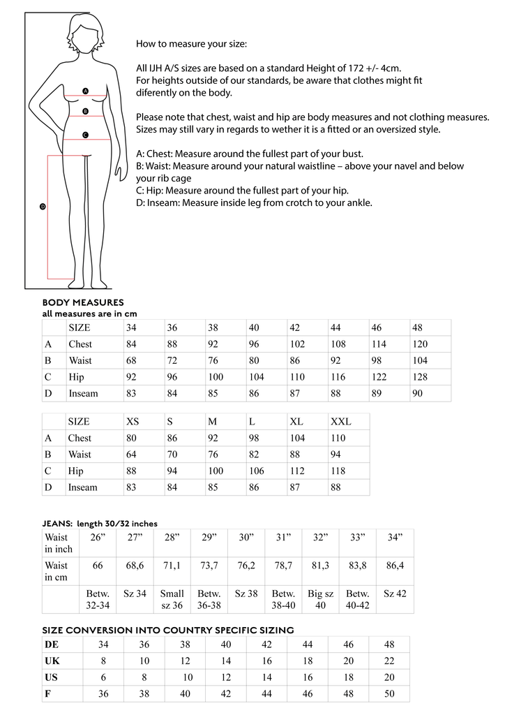 Size chart with body measurement guide & international size conversion table. Female figure shows chest, waist, hip & inseam