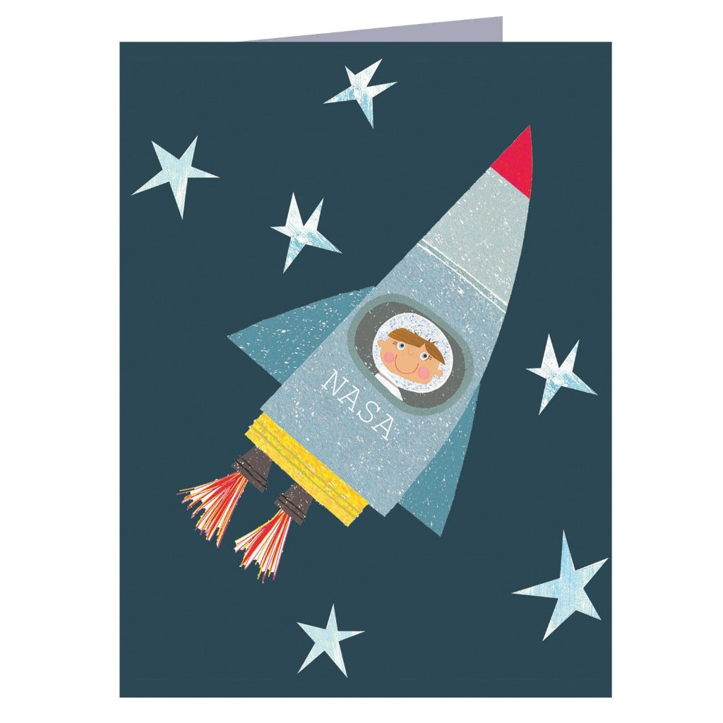 Illustration of a child astronaut in a NASA rocket ship flying through space amongst stars.