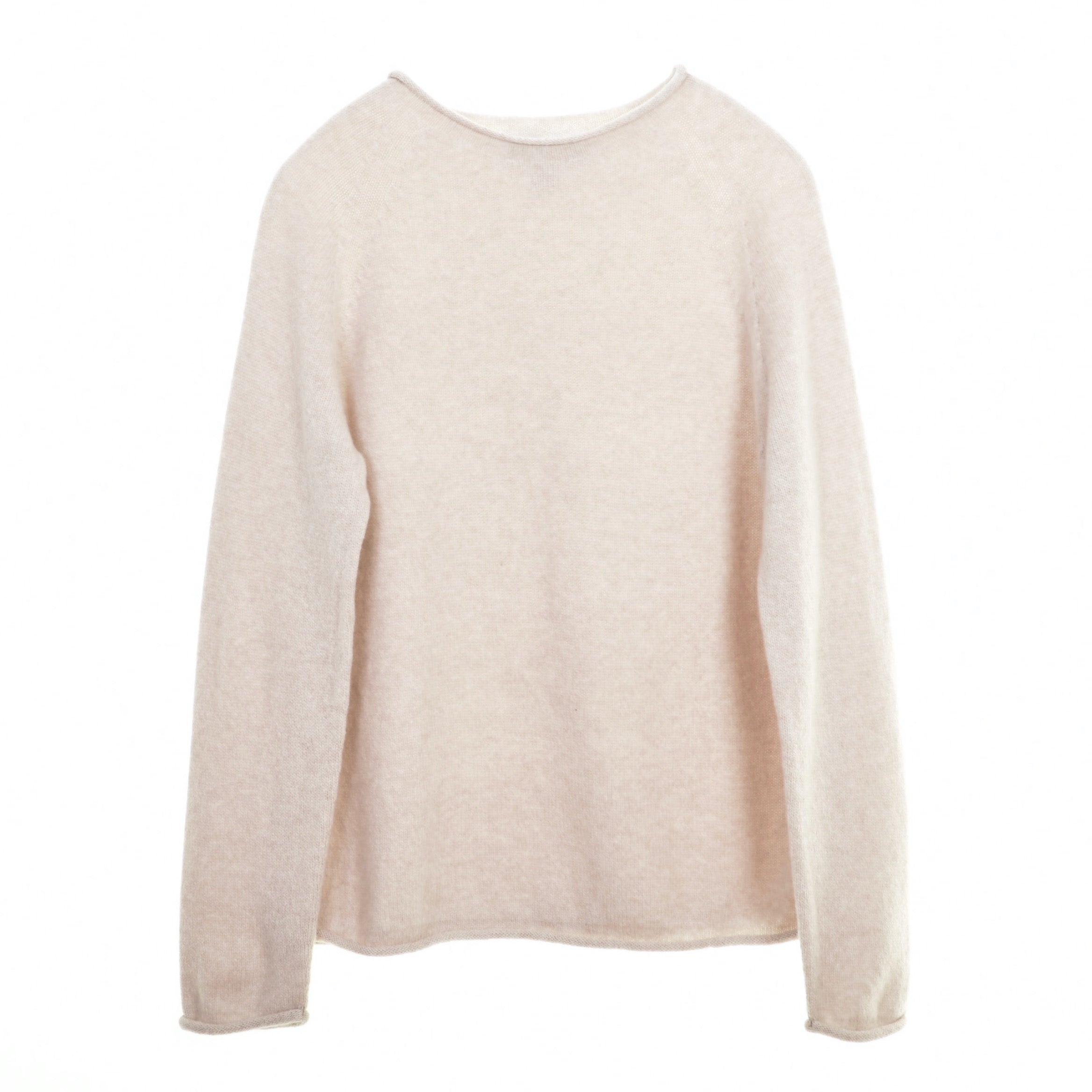 Beige long-sleeved knit sweater with a round neckline, shown on a white background.