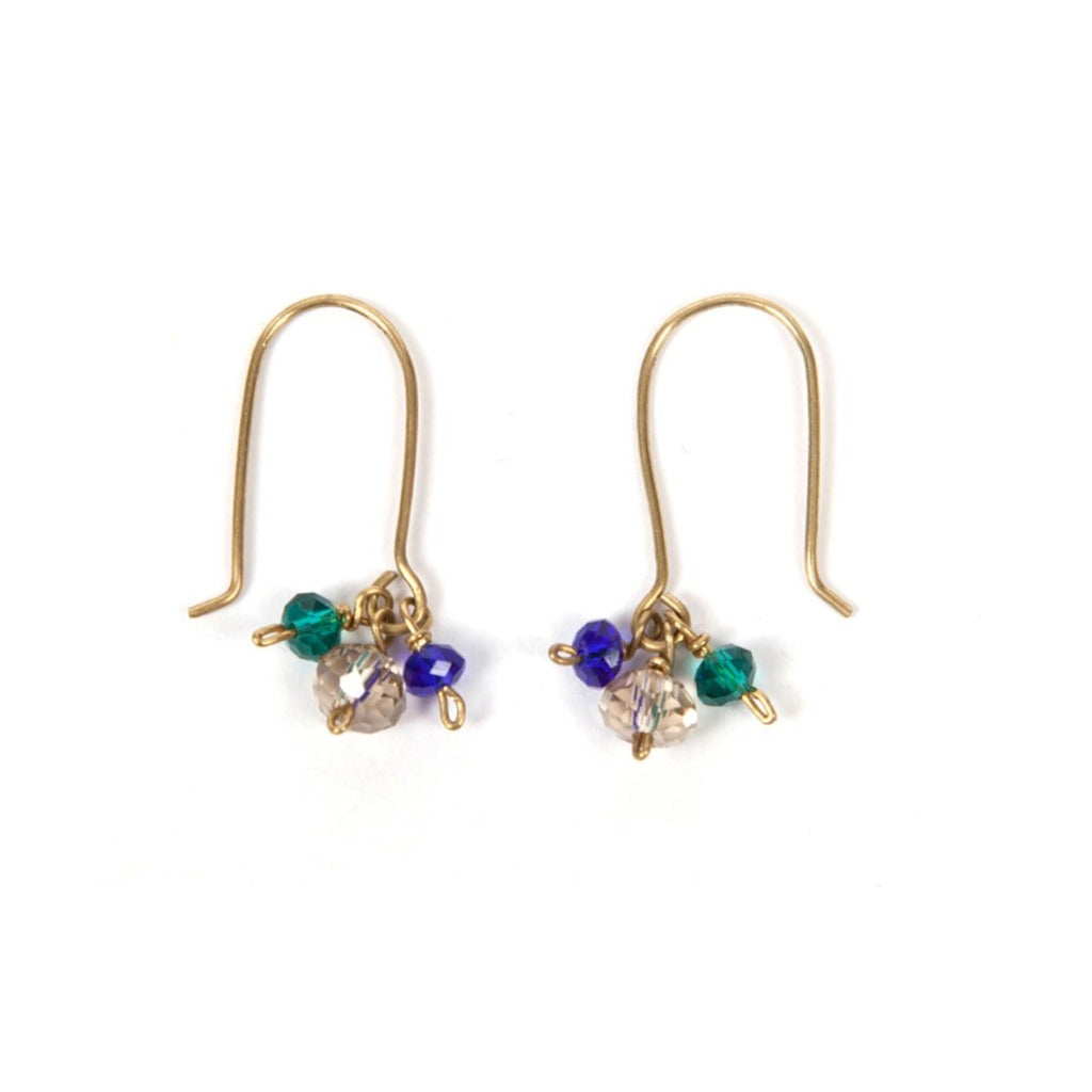 Gold dangle earrings with small teardrop-shaped crystals in shades of green, blue, and clear.