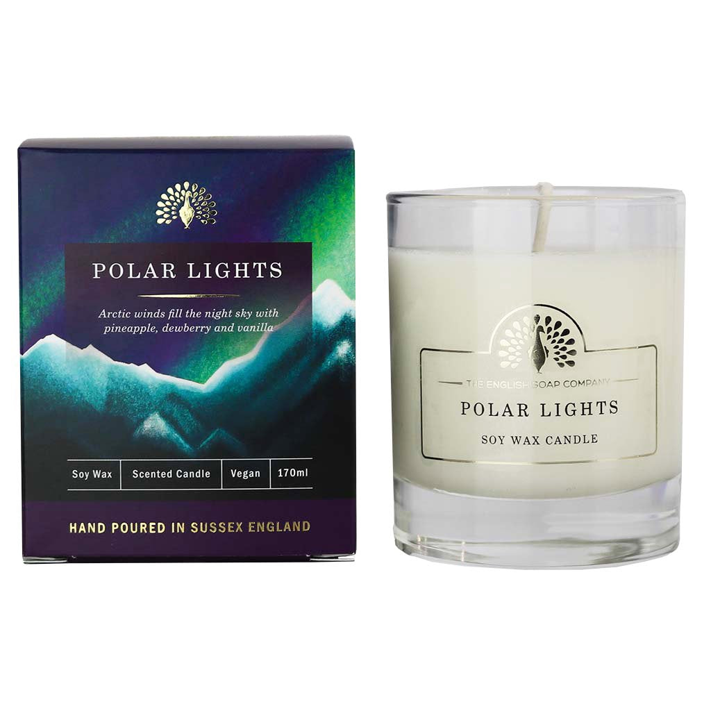 Polar Lights soy wax candle in a clear glass jar, 170ml.  Vegan and hand-poured in Sussex, England.