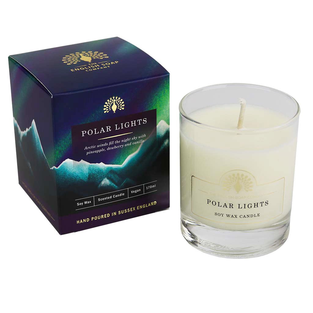 Polar Lights soy wax candle in a clear glass jar, 170ml.  The candle is vegan and hand-poured in Sussex, England.