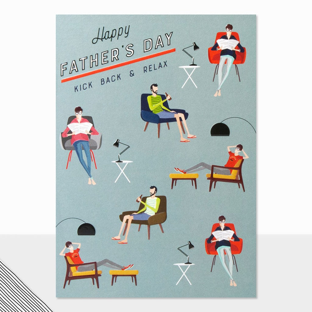 Happy Father's Day card featuring illustrated men relaxing in chairs, reading and enjoying drinks.