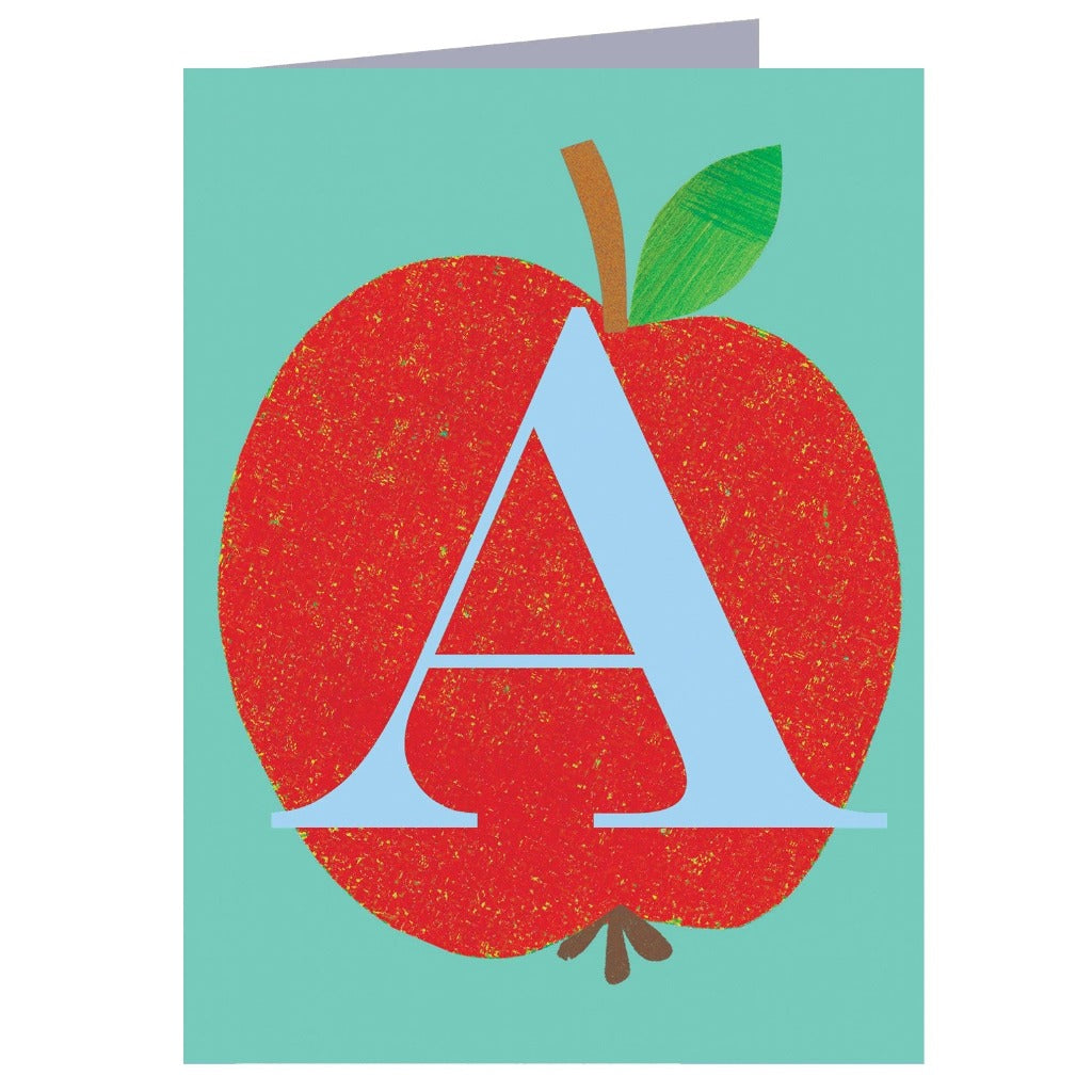 Red apple with a large light-blue letter A superimposed on it.