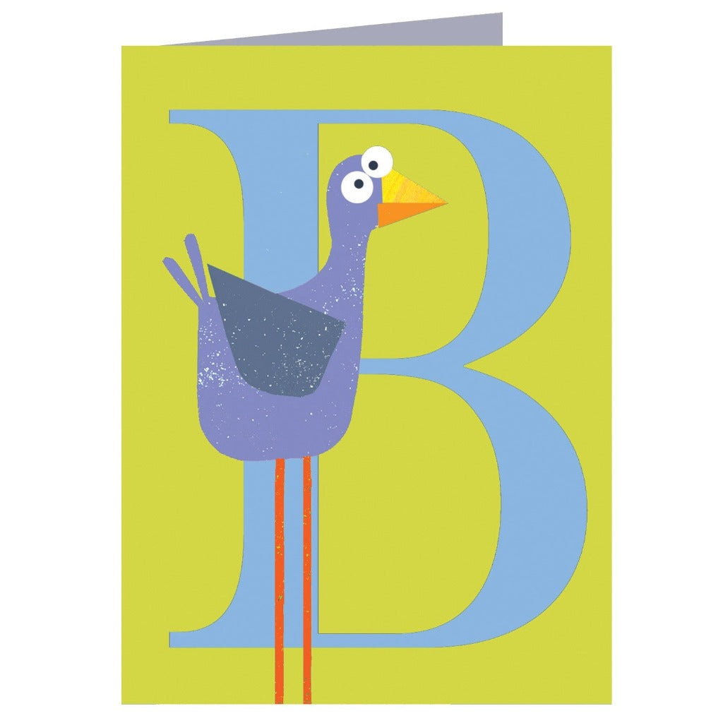 Greeting card featuring a stylized bird illustration positioned next to a large letter B on a lime green background.