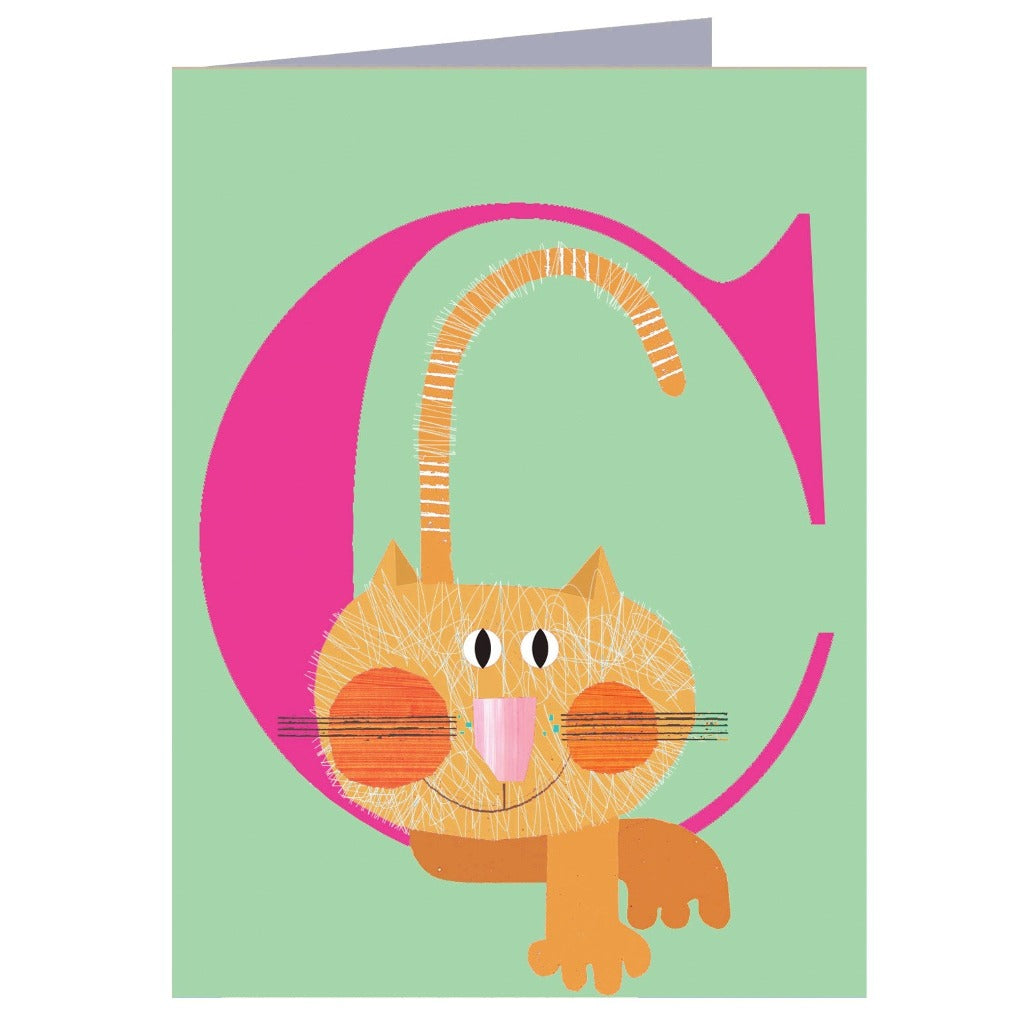 Illustration of an orange cat nestled within a large pink letter C on a mint green background.