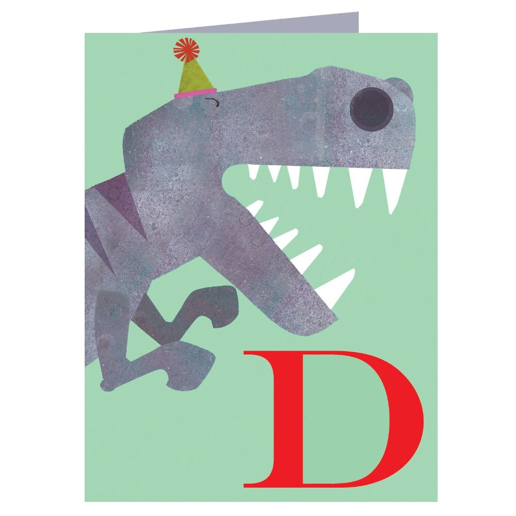 Birthday card featuring a gray T-Rex wearing a party hat, next to a large red letter D.
