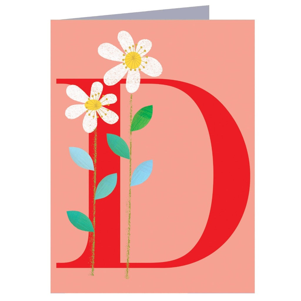 Greeting card featuring a large red letter D adorned with two stylized white daisies and green stems.
