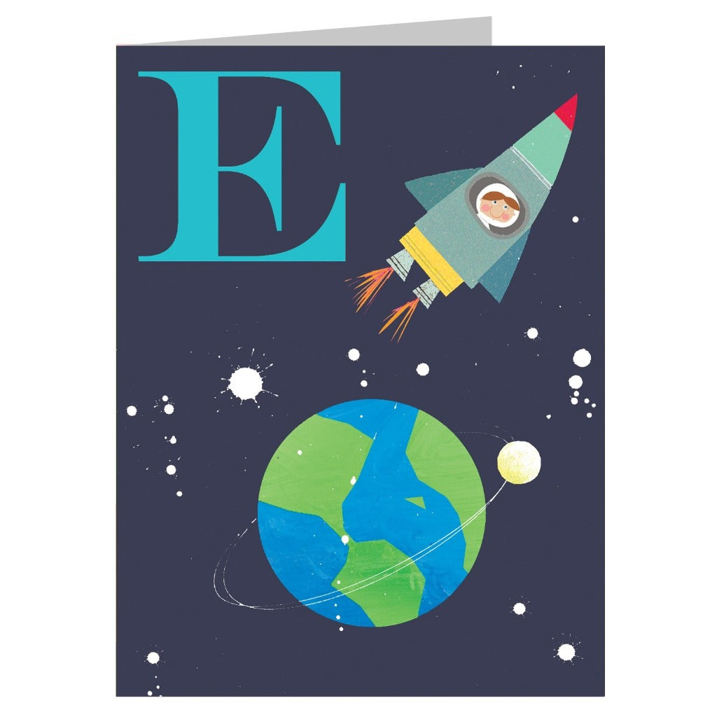 Space-themed card featuring a large teal letter E, a rocket with an astronaut, Earth, and the moon.