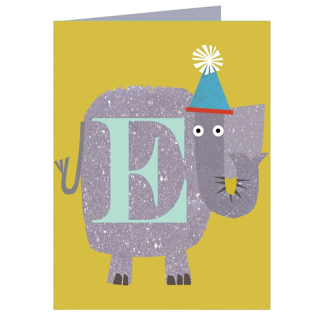 Greeting card featuring a gray elephant wearing a party hat, with a large teal letter "E" on its side.