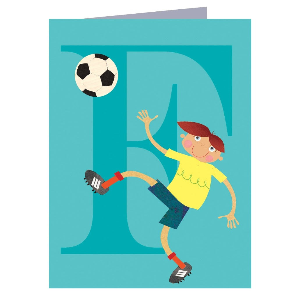 Illustration of a boy in soccer attire kicking a ball in front of a large teal letter F.