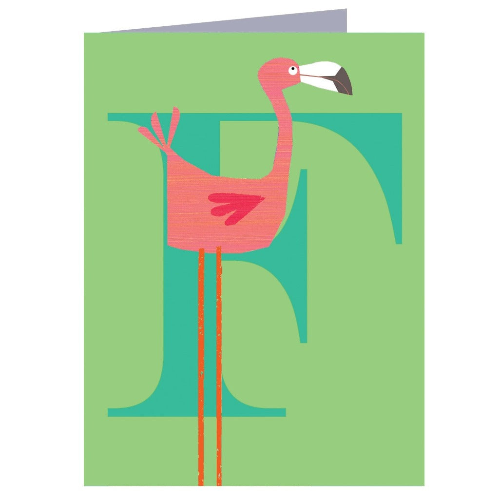 Pink flamingo illustration positioned within a teal letter F on a light green background.