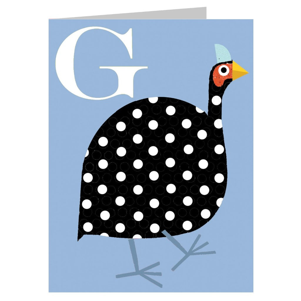 Greeting card featuring a black and white polka-dotted guinea fowl and the letter G.
