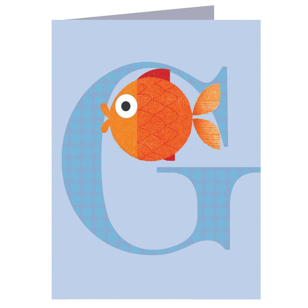 Illustration of an orange fish swimming next to a stylized blue letter G.