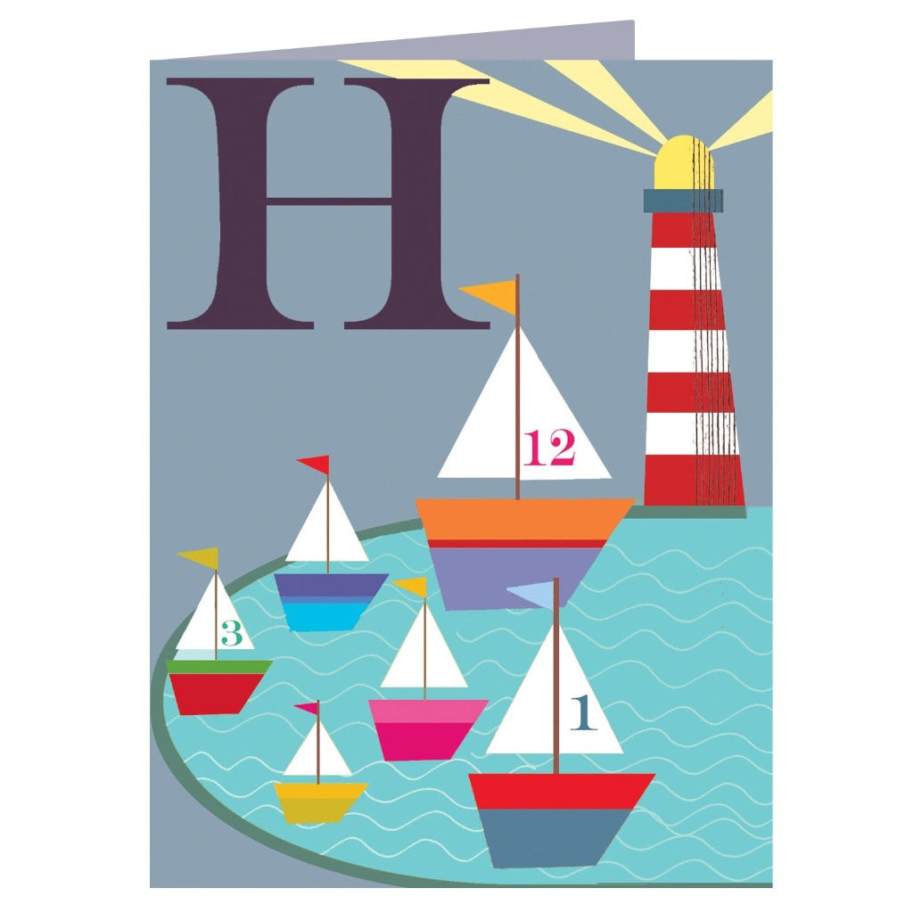 Illustrated card featuring a large letter H, several small sailboats numbered 1, 3, and 12, and a lighthouse.