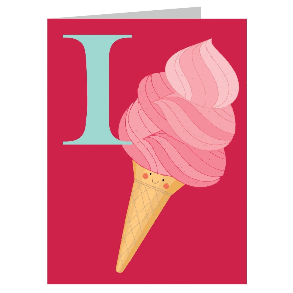 Illustration of a pink ice cream cone with a smiling face, next to the letter I.