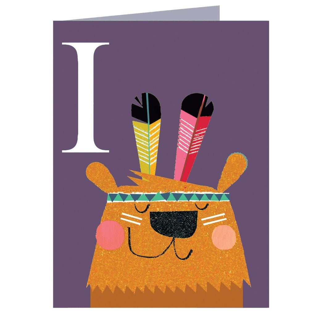 Illustration of a stylized bear wearing a headdress with two feathers, next to the letter I.