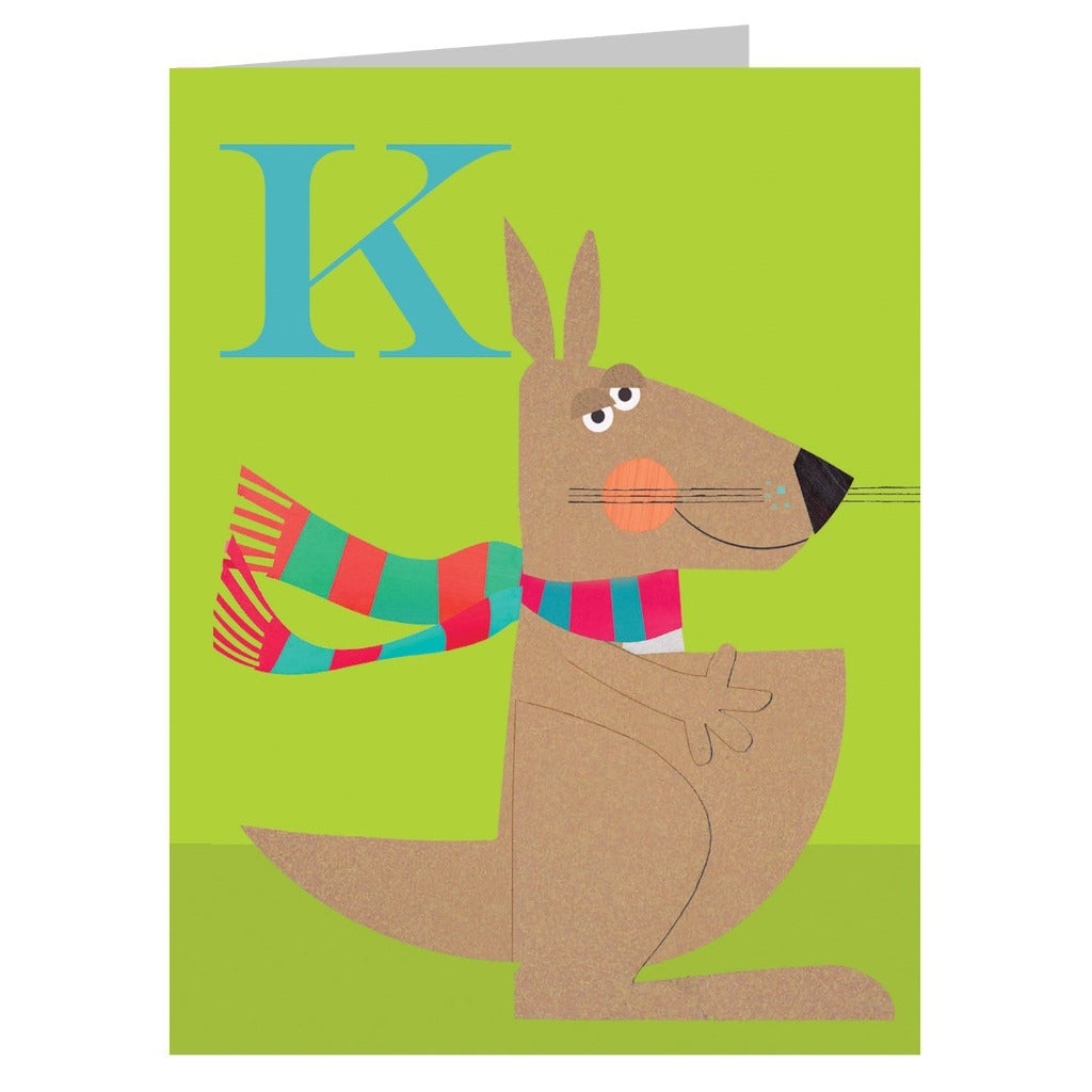 Illustration of a kangaroo wearing a striped scarf, next to the letter K on a green background.