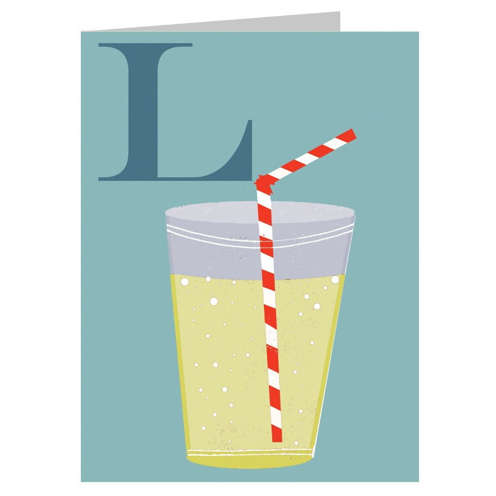 A glass of pale yellow bubbly beverage with a red and white striped straw.  The letter L is in the background.