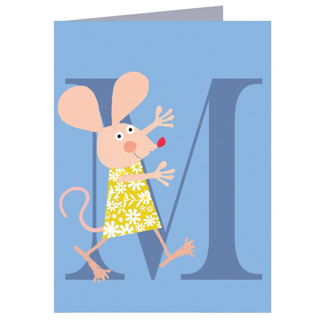 Greeting card featuring a cartoon mouse in a yellow floral dress, playfully positioned in front of a large letter M.