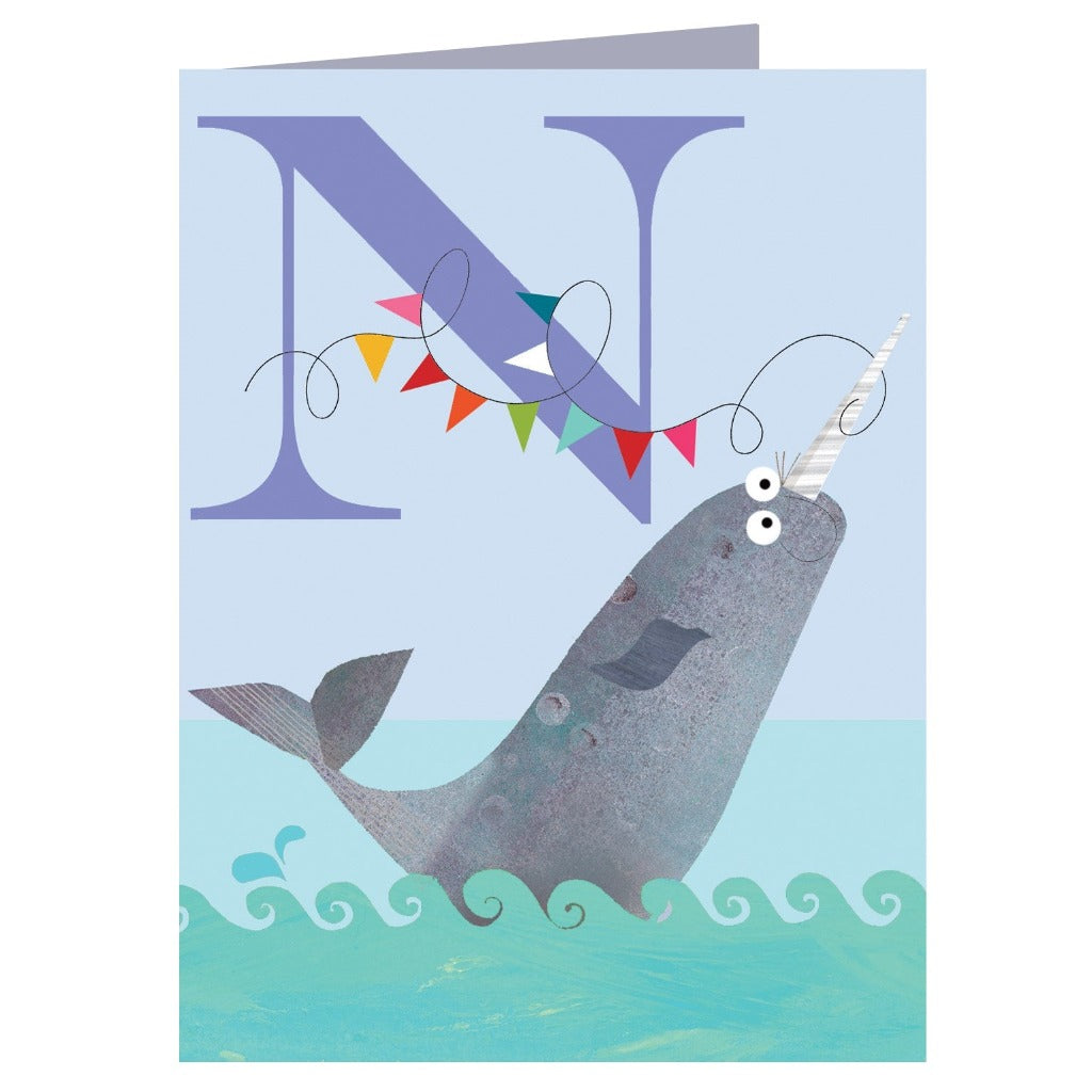 Illustration of a narwhal swimming in teal water, with a large purple letter N and colorful bunting above.