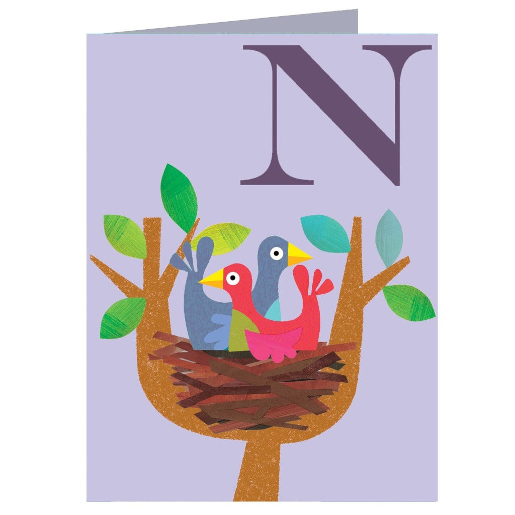Illustration of the letter N, three stylized birds in a nest on a branch, and green leaves.