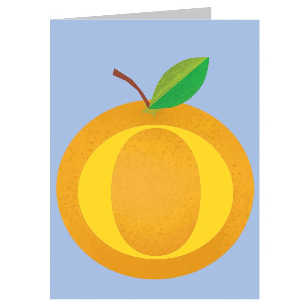 Illustration of an orange with a large yellow letter O in its center.