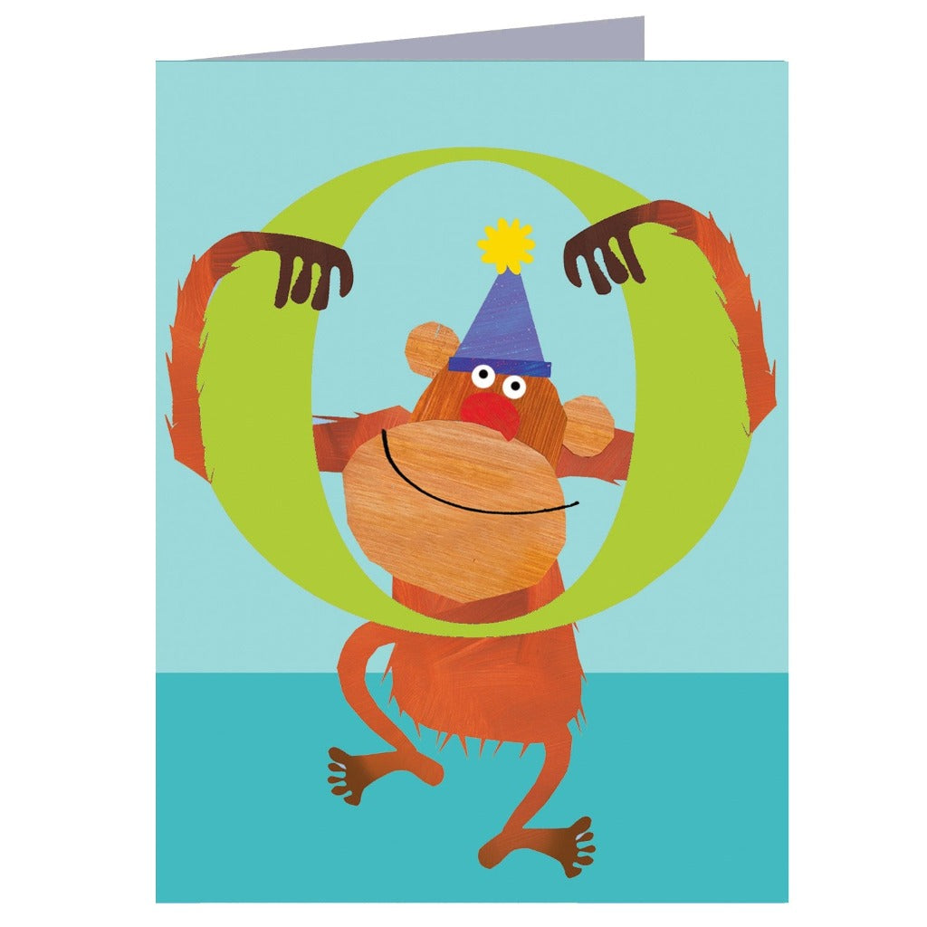 Birthday card featuring an orangutan wearing a party hat, holding a large green letter O.