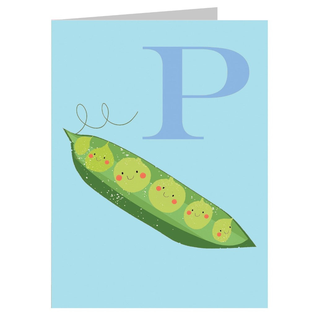 Greeting card featuring a pea pod with smiling peas and the letter P.