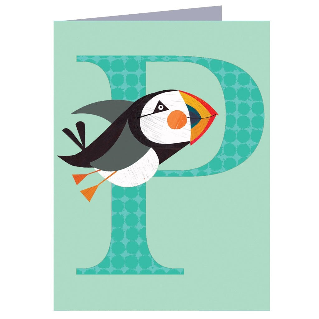 Illustrated puffin positioned beside a teal letter P on a pale green background.