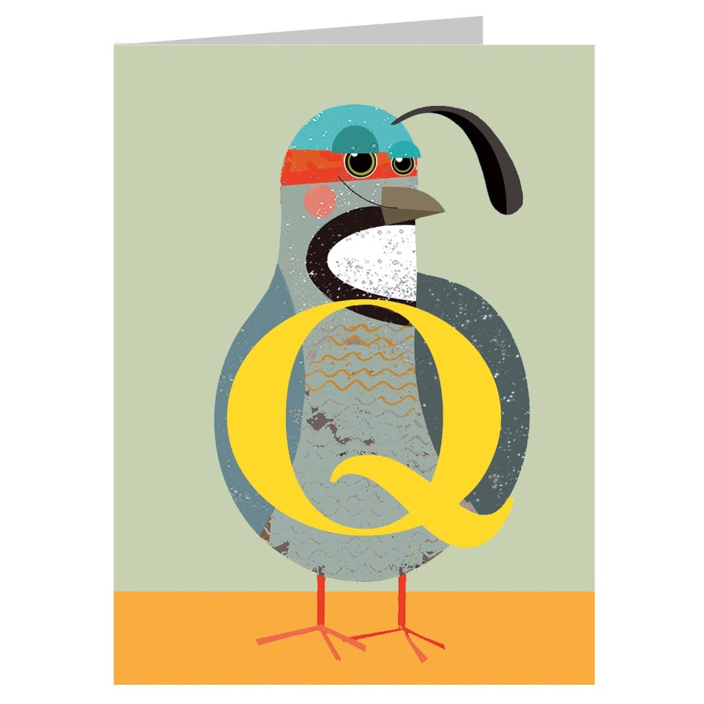 Greeting card featuring a stylized quail with a large yellow letter Q superimposed on its body.