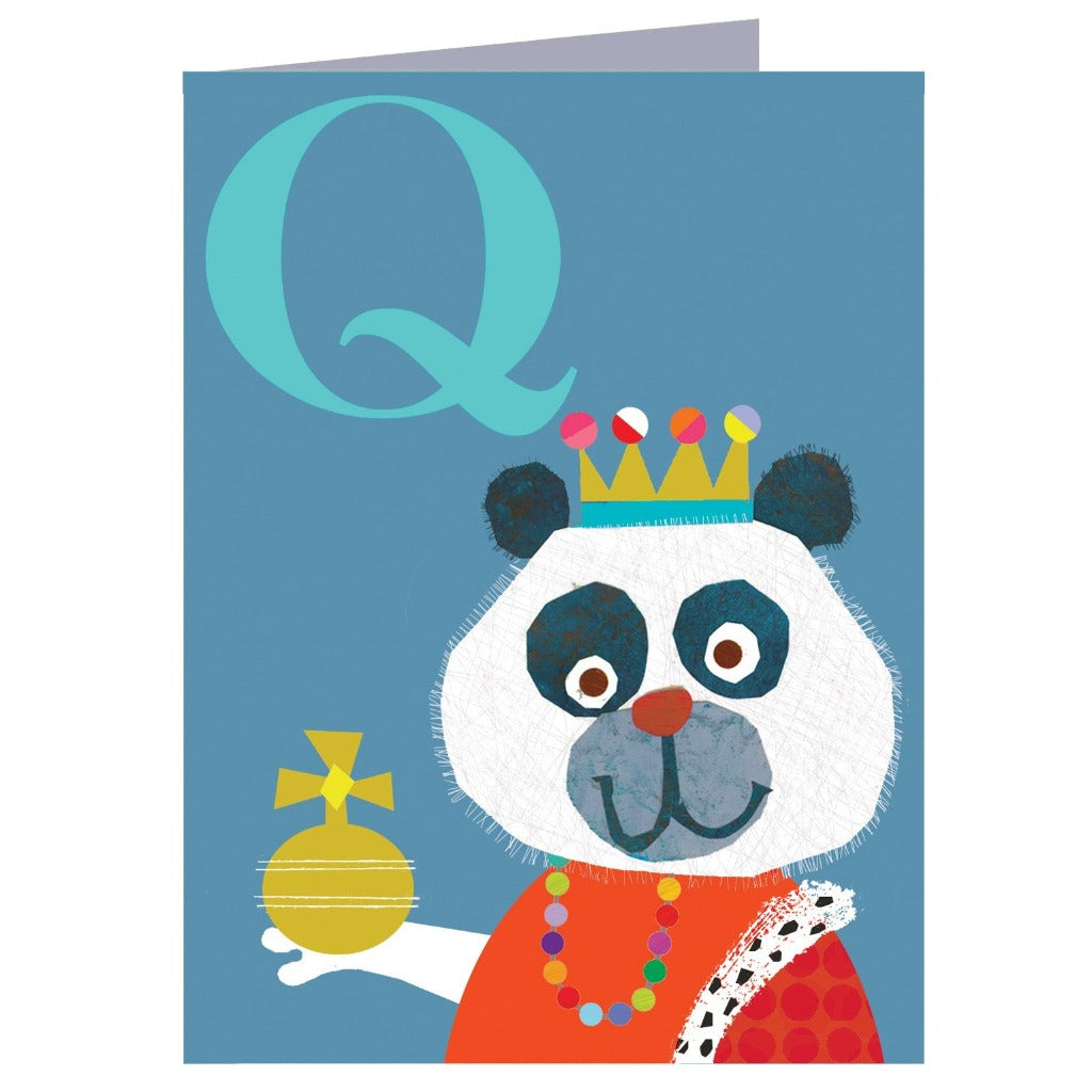 Illustration of a panda wearing a crown and robe, holding an orb;  the letter Q is prominently displayed.
