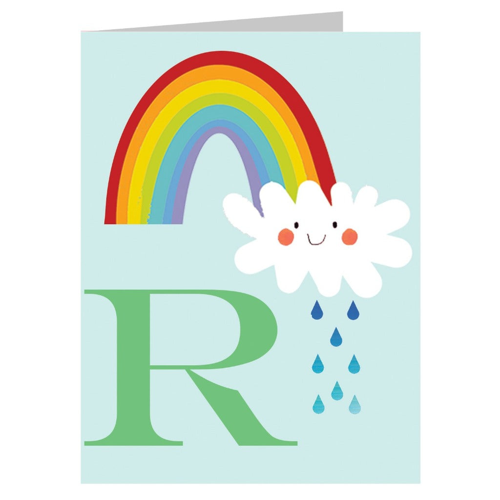 Greeting card featuring a rainbow, smiling cloud with raindrops, and a large green letter R.