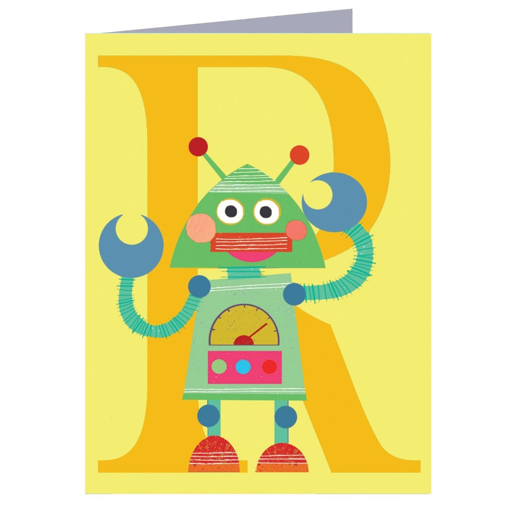 Greeting card featuring a whimsical green robot in front of a large orange letter R.