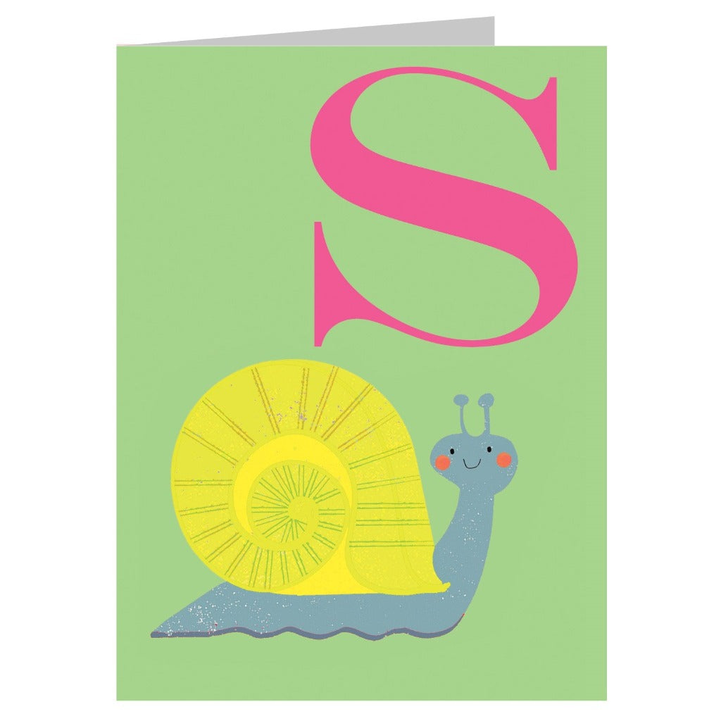 Illustration of a cheerful snail with a yellow shell and a large pink letter S on a light green background.
