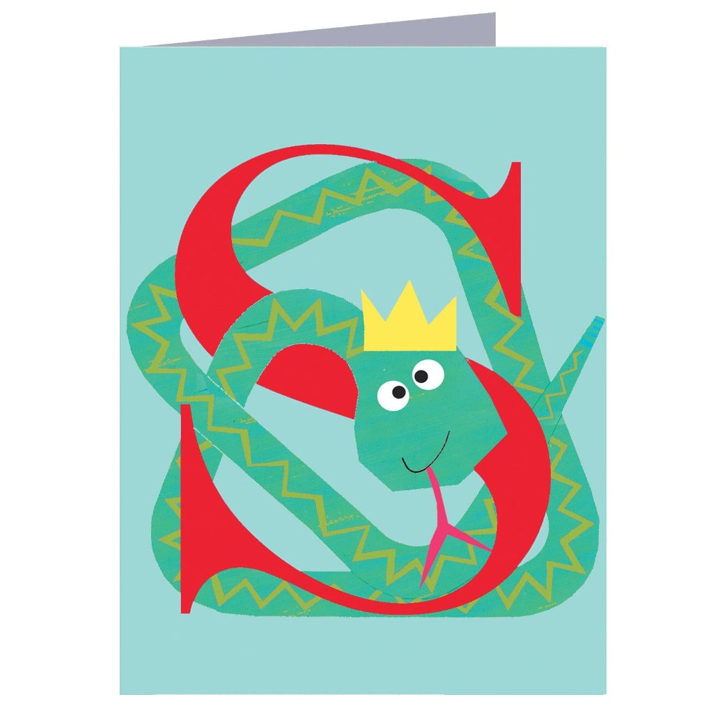 Illustration of a stylized green snake wearing a gold crown, its body forming the letter "S" in red and green zig-zag
