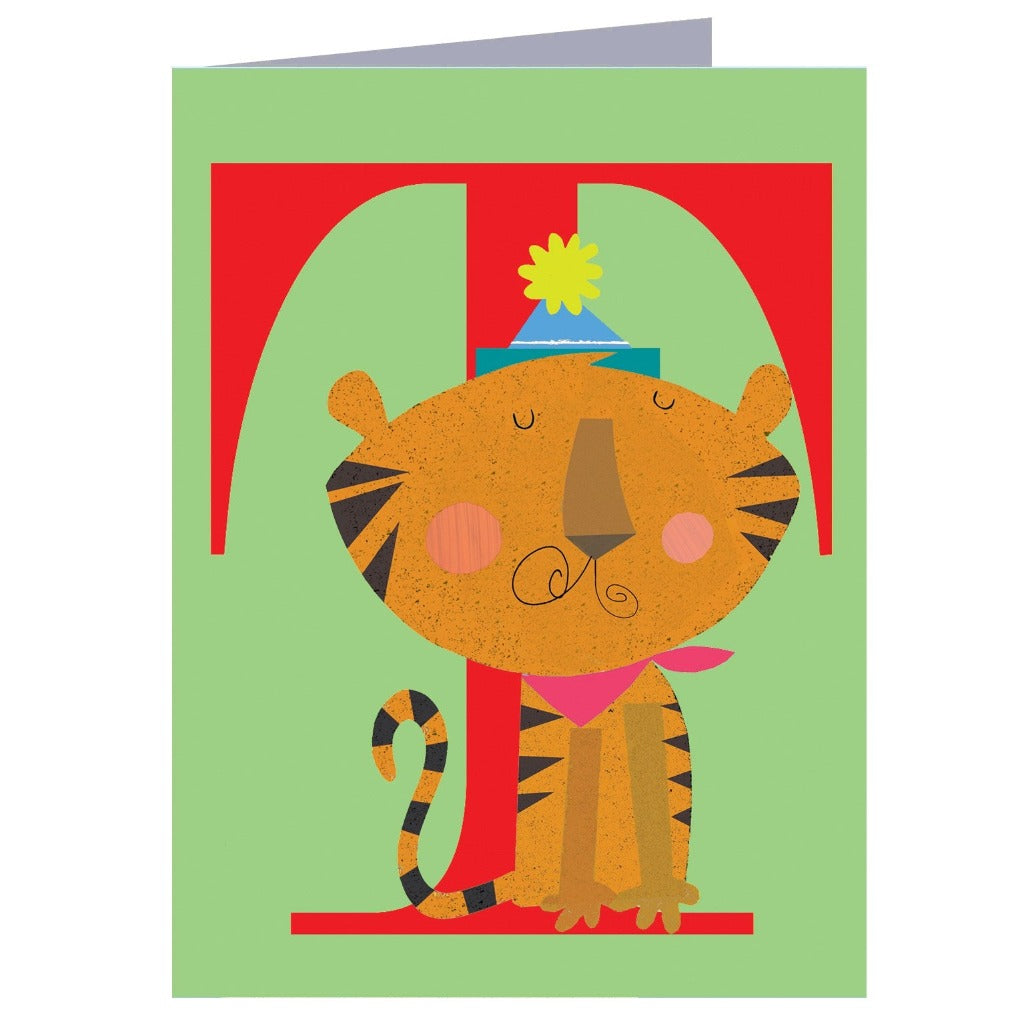 Birthday card featuring a cartoon tiger wearing a party hat, sitting within a large red letter T.