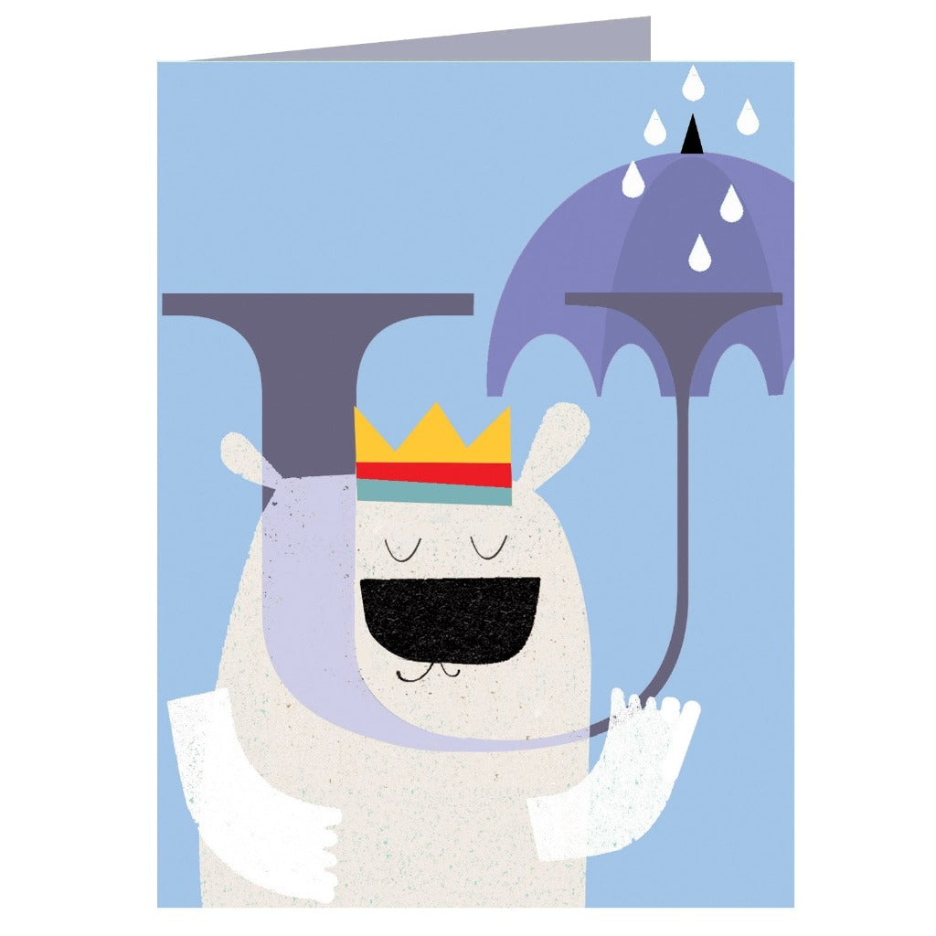 Illustration of a crowned, cartoon polar bear shaped like the letter U, holding a purple umbrella in the rain.
