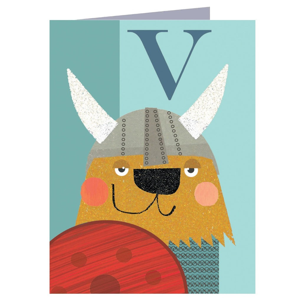 Greeting card featuring a friendly, cartoon Viking-themed creature wearing a helmet and holding a shield; the letter V is