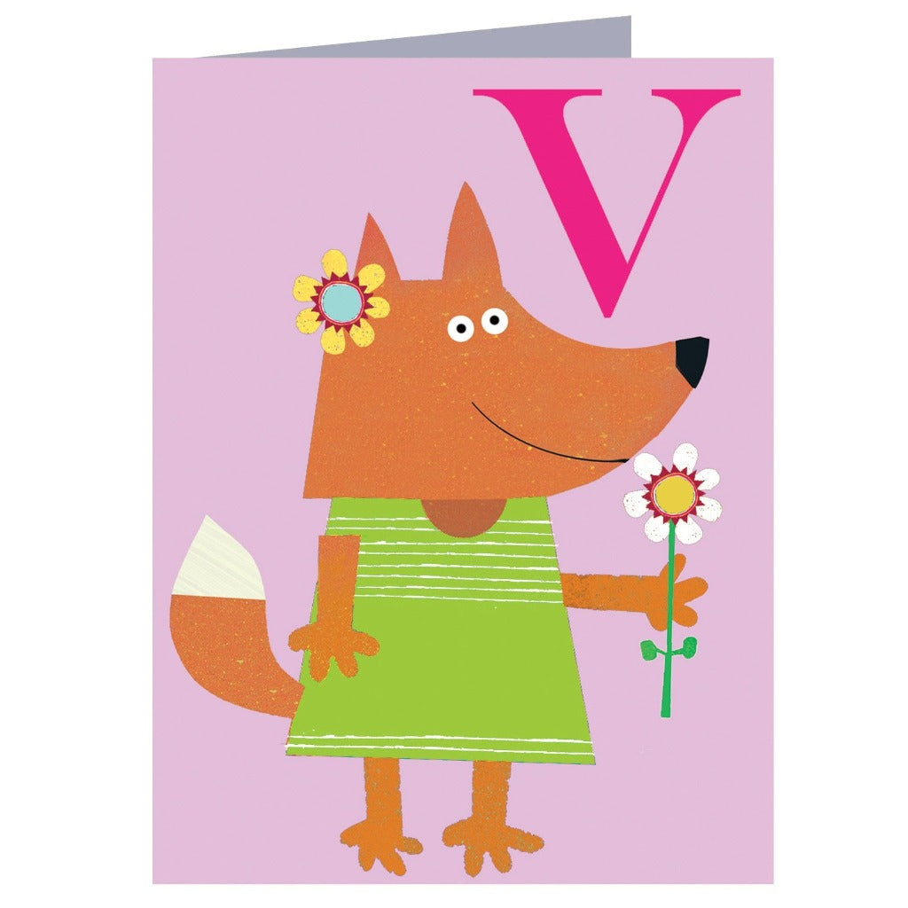 Illustration of a fox in a green dress holding a flower, with a large pink "V" in the background.