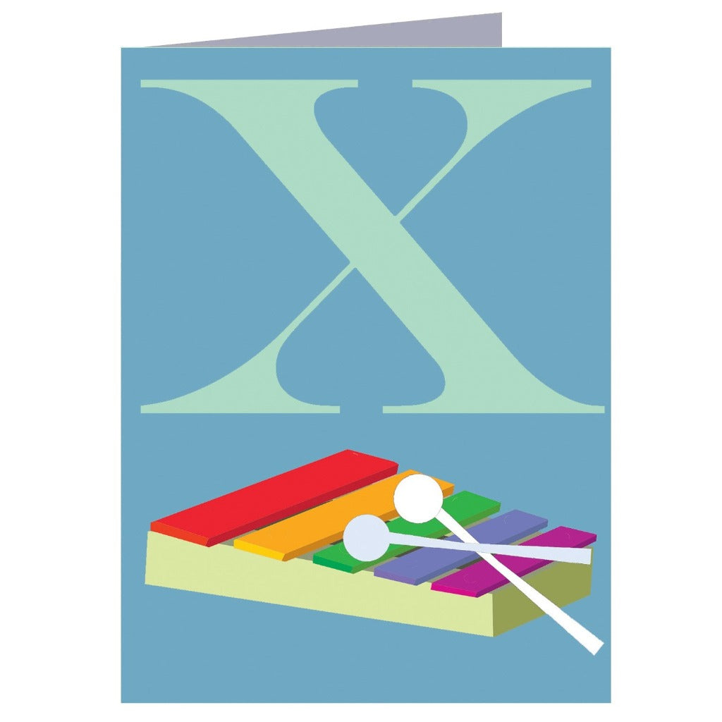 Xylophone illustrated on a card with a large letter X.  The xylophone is rainbow-colored with white mallets.