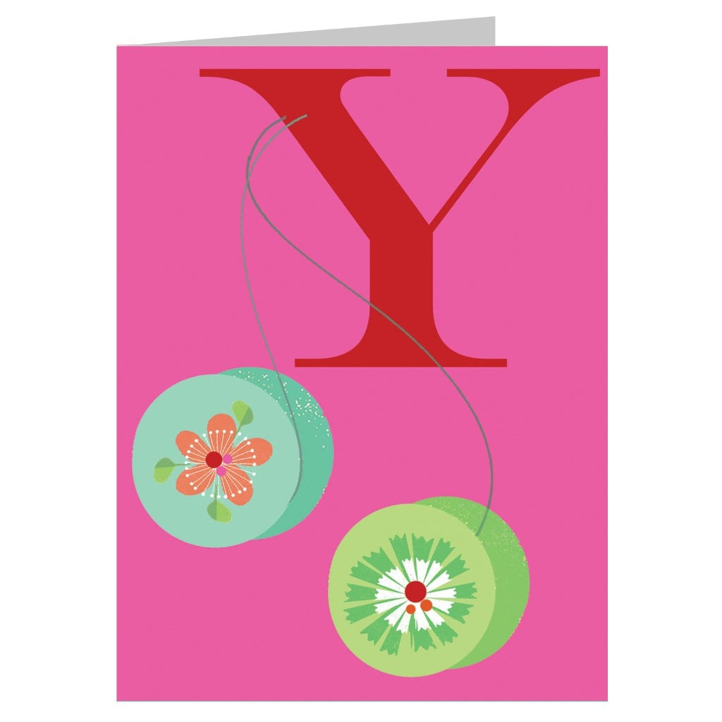 Greeting card featuring a large red "Y" with two decorative yo-yos, one teal and one lime green, each adorned with a