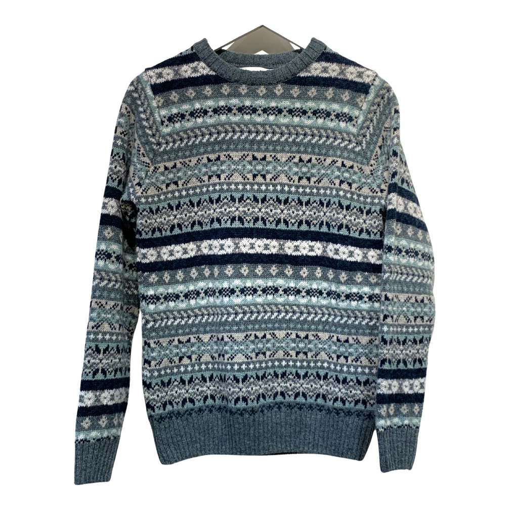 frontal image of a Harley of Scotland Men's All Over Fairisle Jumper - Graphite Green